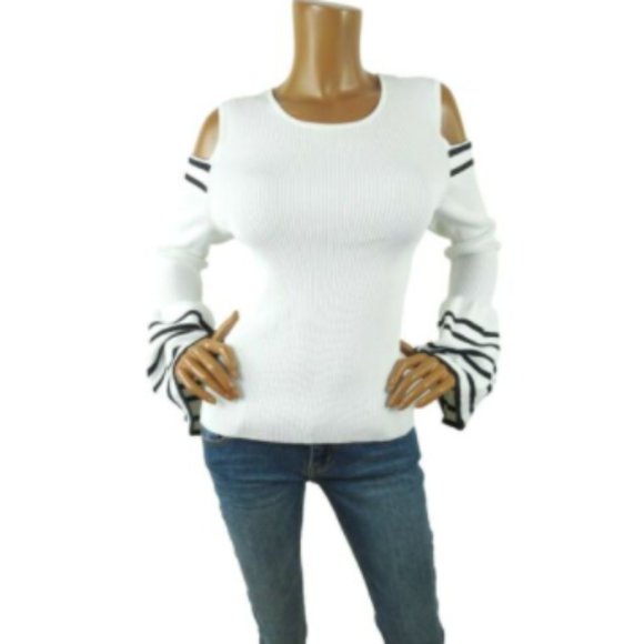 Marled Tops - MARLED Top L White Cold Shoulder Ribbed Blouse Black Trim Flared Long Sleeves
